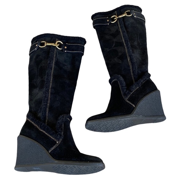 Coach Jonie Black Suede Shearling Tall Wedge Boot Embossed Monogram Size 7.5 GUC - Picture 2 of 11